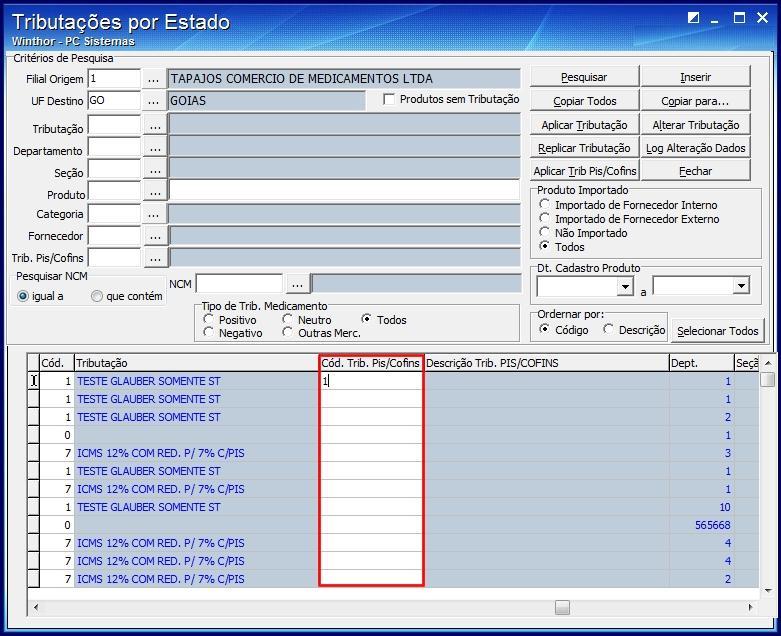 5.3) Informe o código de tributação PIS/COFINS na coluna Cód. Trib.