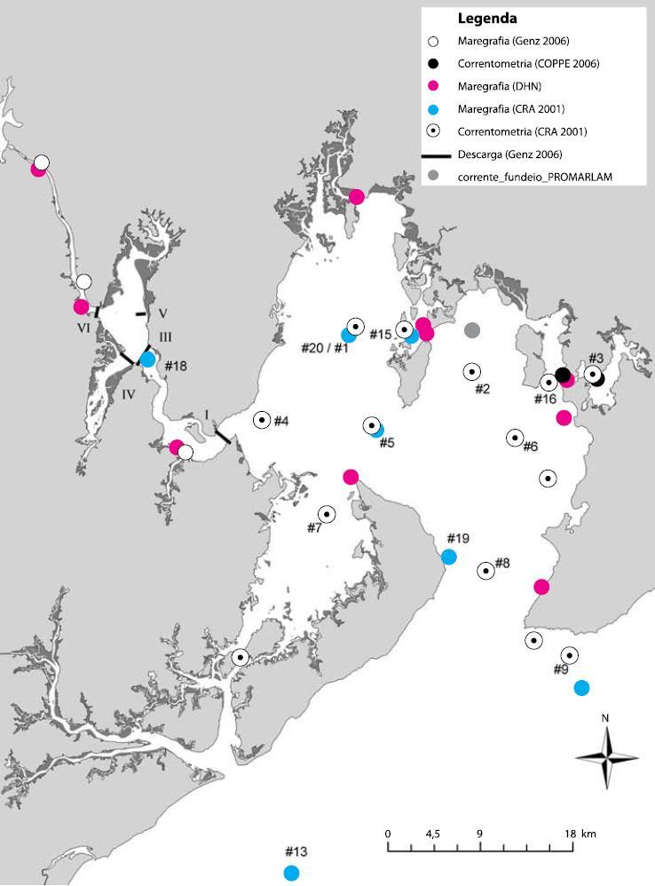 Figura 8 - Localização das estações de monitoramento de marés e correntes na BTS. Os números referem-se à numeração das estações, adotada pelo CRA (2001). Extraído de Lessa et al., (2009).