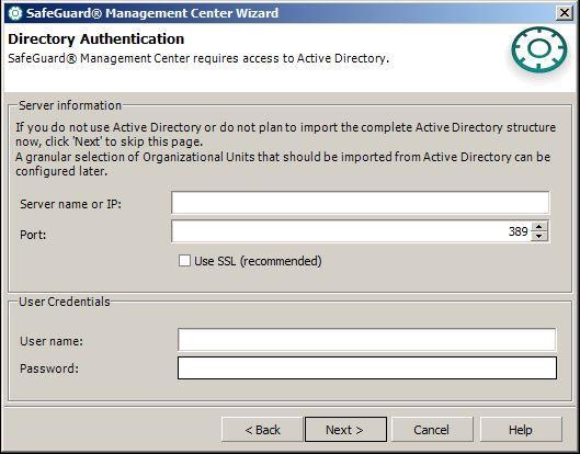 b) Na próxima tela, em Directory Authentication, será possível configurar o SafeGuard para sincronizar com o Active Directory (AD), ou pular a configuração. Clique em Next.