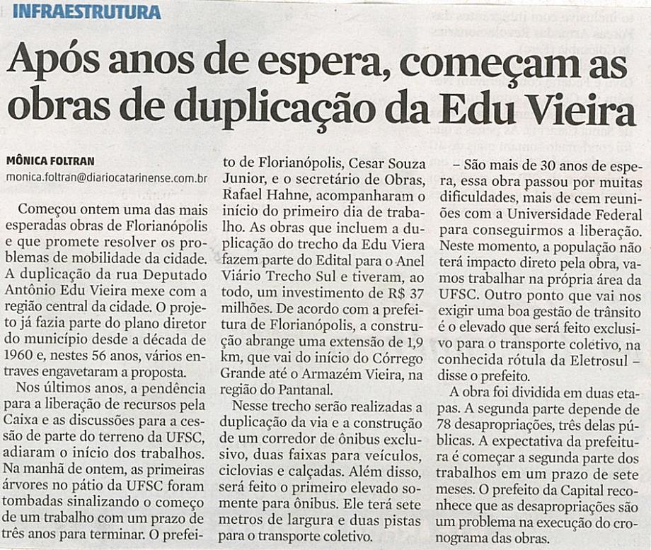 de duplicação da Edu Vieira / Florianópolis / Mobilidade / Duplicação da Rua Deputado Antônio Edu Vieira / Plano Diretor / UFSC /
