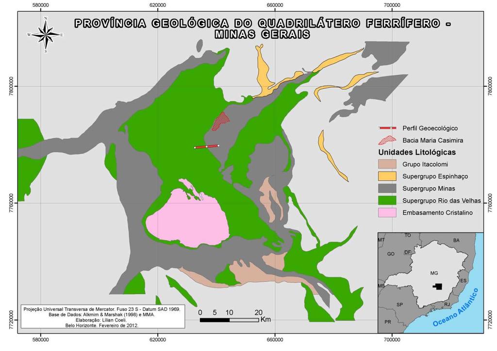Gandarela, em relação ao Supergrupo Minas, destacam-se litologias do Grupo Itabira e Grupo Caraça. Figura 1: Província Geológica do Quadrilátero Ferrífero - Minas Gerais.