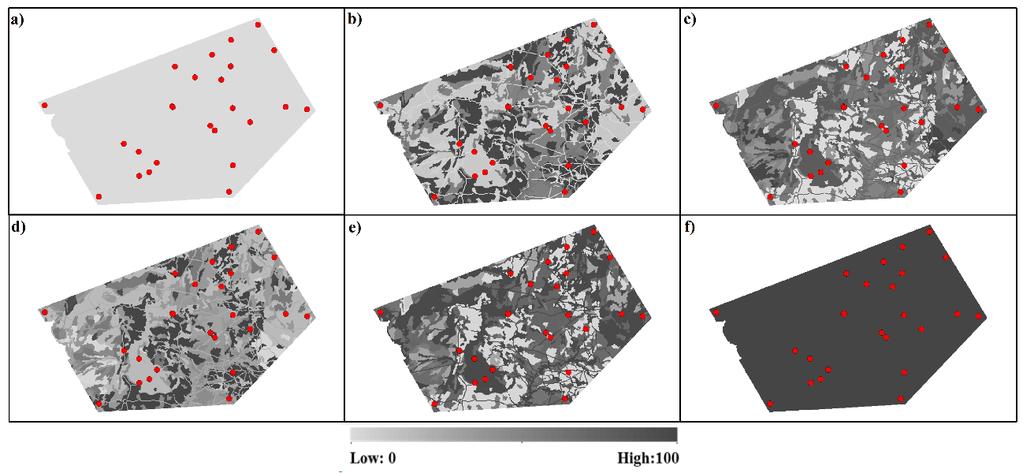 Paisagem Distância Resistência Figura 2: a) e f) são superfícies homogêneas, com