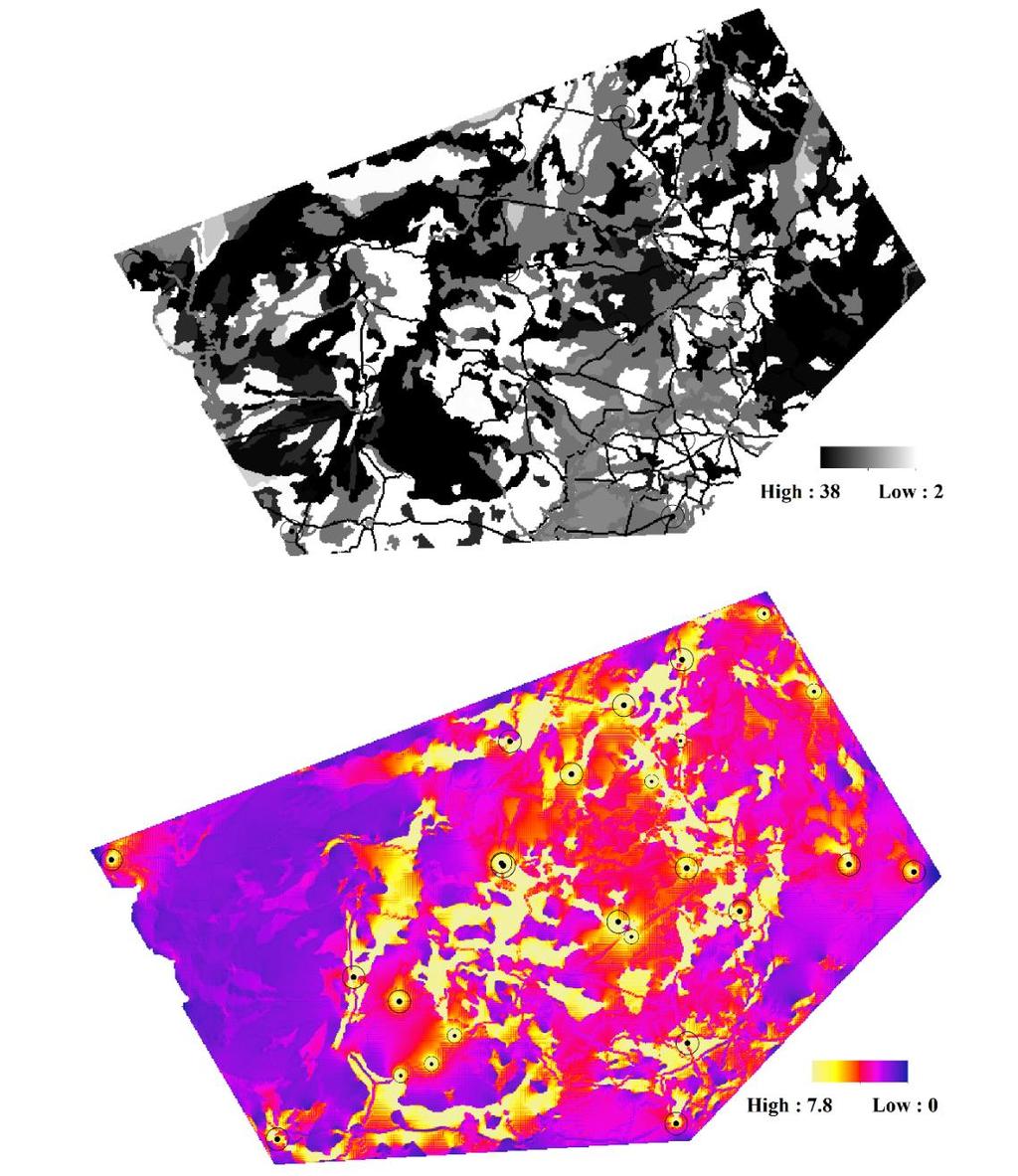 Figura 5: a) Mapa de resistência da paisagem para o baru (Dipteryx alata) no Cerrado Brasileiro com custos médios de