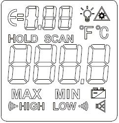 5) DESCRIÇÃO DO DISPLAY Figura 2 Emissividade SCAN HOLD MAX MIN Indicação de Laser Habilitado/Desabilitado Scan (realizar a medida) Hold (congela a leitura) Valor