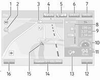 90 Navegação O ecrã do mapa (com ou sem orientação do percurso) contém os seguintes comandos e informações: 1.