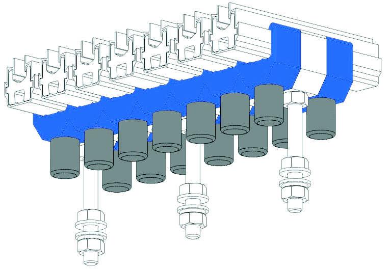 Montagem: Módulos de 200 e 230mm² Posicionar nos lados da suspensão deslizante, furar Ø8,5mm com profundidade de 8mm conforme quantidade de pólos, fixar os parafusos e porcas, encaixar o grampo