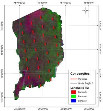 FIGURA 9 Distribuição de parcelas sobre a cena LandSat e sobre os polígonos classificados para o fragmento Brejão 3.