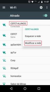 3 1.1. Dispositivos móveis 1.1.1. Android Conecte-se à Rede Wi-Fi (CEFET-ALUNOS ou CEFET-VISITANTES) com a senha informada