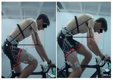 Figura 4: Teste em cicloergômetro com avaliação postural Atleta 4 O atleta 4 apresentou redução de 13 graus do ângulo avaliado e chegou