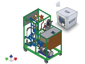 O modelo gira para a orientação de vista selecionada quando você clica no ViewCube. Na ilustração a seguir, o ViewCube é usado para reorientar a vista da montagem.