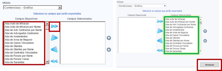 Após selecionar o módulo, é necessário passar todos os campos para a caixa do lado, ou seja, de Campos Disponíveis para Campos Selecionados.