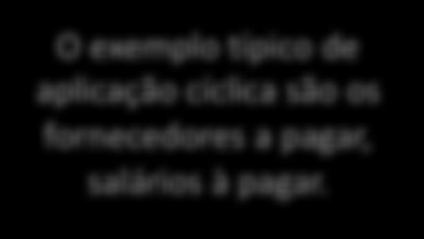 As contas do PC com esta característica são chamadas de fontes cíclicas. O exemplo típico de aplicação cíclica são os fornecedores a pagar, salários à pagar.