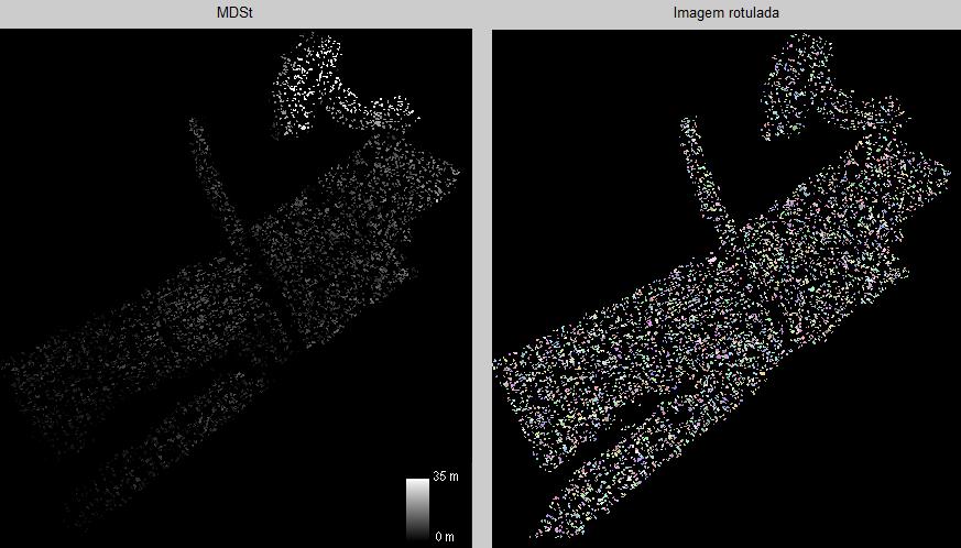 Implementação e análise experimental do modelo 94 MDSt (esquerda) e sua respectiva imagem rotulada (direita), utilizando-se a segmentação por Baatz & Schäpe. Figura 5.