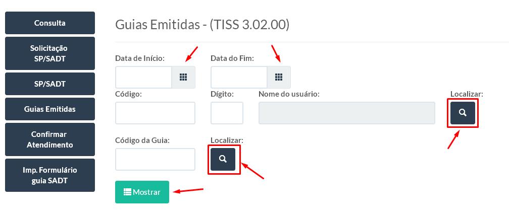 RELATÓRIO DE GUIAS EMITIDAS Para acessar o formulário para verificar as guias emitidas pelo Autorizador de Guias, clique no botão Guias Emitidas do menu principal do sistema, ao clicar, o sistema