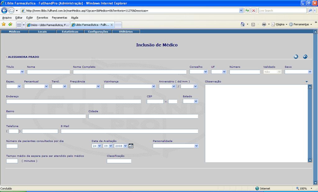 Tela de inclusão de médico: insira as informações e salve as informações