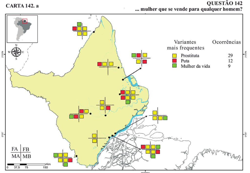 86 Revista do Gelne Figura 03 Variantes lexicais mais recorrentes Fonte: Mapa elaborado pelos autores Como observado na figura acima, registramos como variantes mais frequentes: prostituta, com 29