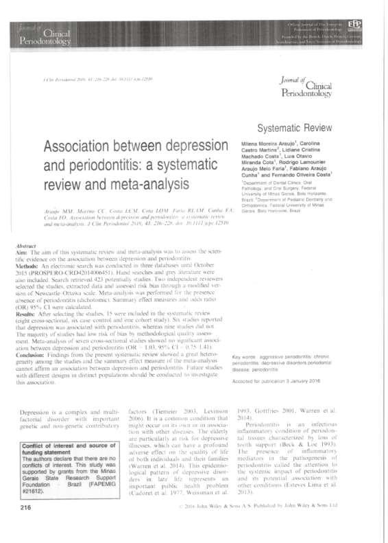 96 PRODUÇÃO INTELECTUAL RELACIONADA AO TEMA DA TESE Artigo 1: Association between depression