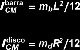 a) (0,5) Calcule o momento de inércia da barra em relação ao eixo que passa pelo ponto O. Dado: b) (0,5) Calcule o momento de inércia do disco em relação ao eixo que passa pelo ponto O.