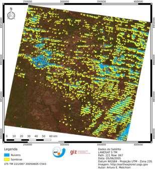 a) Imagem TM/Landsat 5 na região do Jalapão b) Resultado do filtro de nuvens e sombras sob a mesma imagem Figura 8. Identificação das nuvens e sombras de nuvens em uma cena TM/Landsat 5 3.