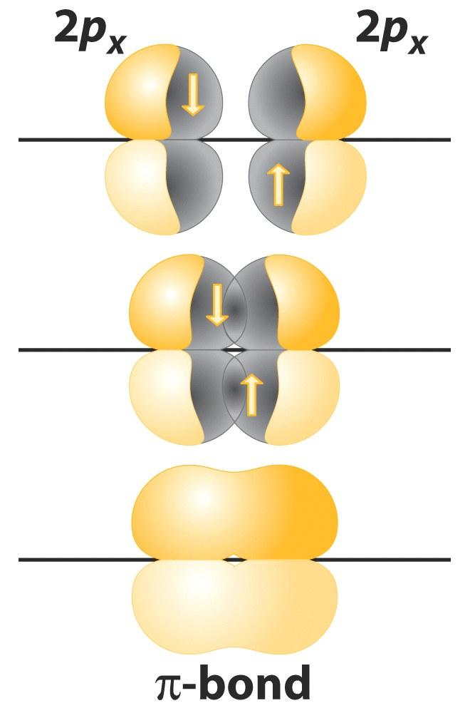 Ligações π De maneira análoga, dois orbitais atômicos p perpendiculares ao eixo da ligação (px