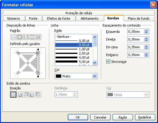 Formatando as células Bordas Por padrão as células no Calc não tem bordas e