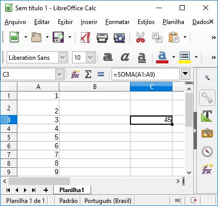 Inserindo as fórmulas manualmente =soma(a1:a9) =soma(a1;a9) Os : é o indicador que serão somados todos os elementos entre a