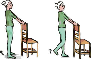 Exercícios de equilíbrio (continuação ) Coloque-se em pé, atrás de uma cadeira, e coloque as mãos nas costas da mesma.