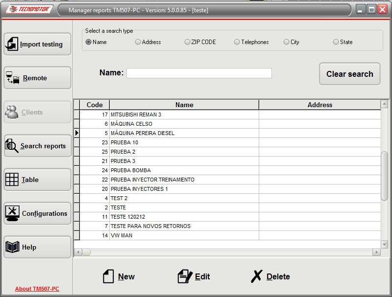 Registry and changes in clients data Software TM 507-PC/TM 510-PC allows the inclusion of clients that will be bound to the tests accomplished with the TM 507.