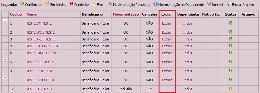 EXCLUINDO BENEFICIARIOS Na tela da relação de usuários, clique na coluna Excluir no respectivo usuário, que deverá ser cancelado.