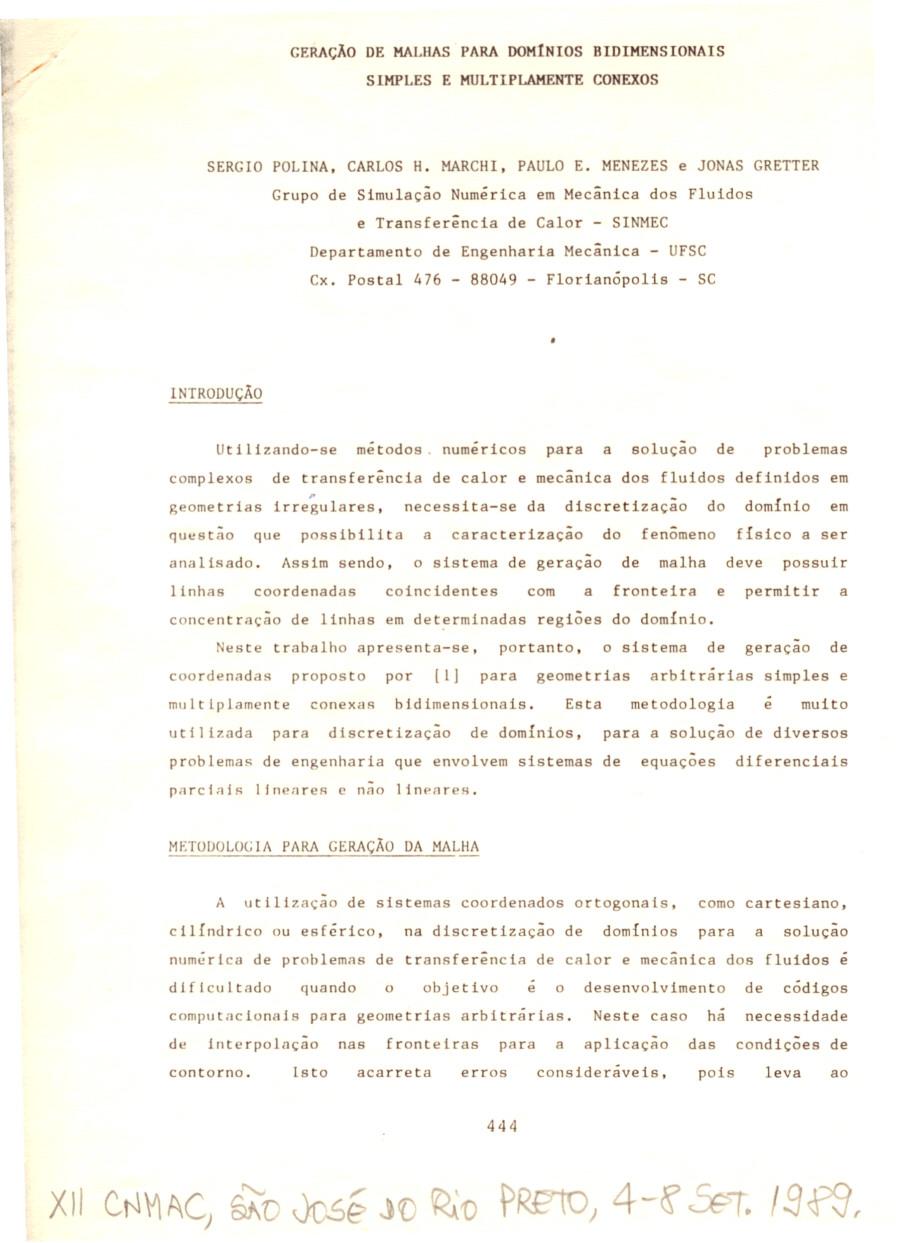 GERAÇÃO DE MALHAS PARA DOMINIOS RIDIMENSIONAIS SIMPLES E MULTIPLAMENTE CONEXOS SERGIO POLINA, CARLOS H. MARCHI, PAULO E.