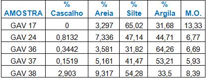 RESULTADOS E DISCUSSÃO: A partir das análises efetuadas, podemos observar uma considerável diferença nos valores obtidos, tanto nas frações granulométricas, como nos teores de matéria orgânica