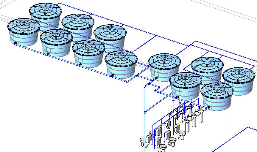FIGURA 15 REPRESENTAÇÃO EM PLANTA DA DISPOSIÇÃO DAS CAIXAS D ÁGUA FIGURA 16 -REPRESENTAÇÃO EM 3D DA DISPOSIÇÃO DAS CAIXAS D ÁGUA 4.2.