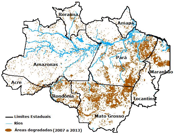 3.1. Distribuição das áreas degradadas identificadas pelo DEGRAD O sistema DEGRAD mapeou a degradação florestal na Amazônia entre os anos de 2007 e 2013 (INPE, 2013 a).