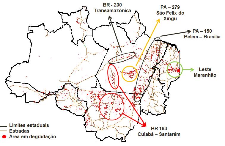 Figura 4.3 - Trajetórias Degradação resultante do cruzamento dos dados do DEGRAD e do PRODES no período de 2007 a 2012. A Trajetória Corte Raso (Figura 4.4.) incluiu todas as trajetórias onde a área degradada ou abandonada foi convertida em corte raso em algum período da analise(trajetórias pares das tabelas 4.