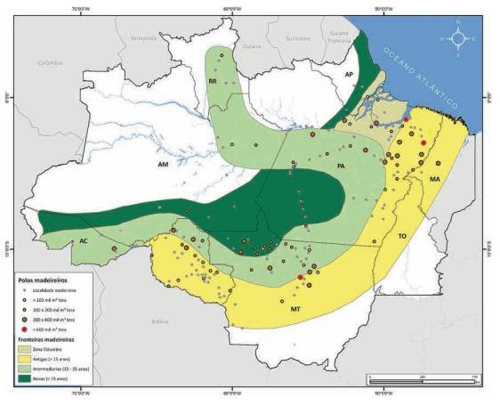 Figura 5.8 Fronteiras e pólos madeireiros na Amazônia Legal. Fonte: PEREIRA et al. (2010) Os dados utilizados de eixo de transporte, pólos e fronteiras madeireiras foram disponibilizados pelo Imazon.