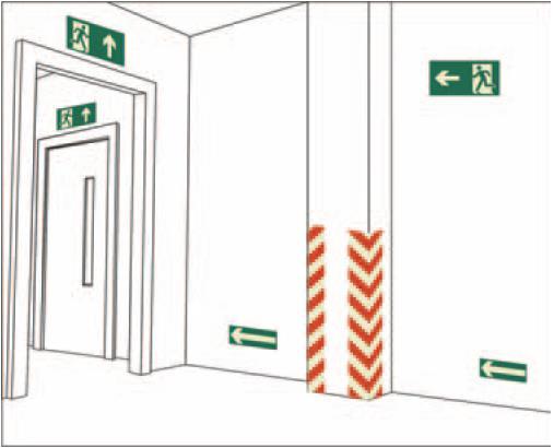 Figura 9 - Sinalização de saída sobre verga de portas, sinalização complementar de saídas e obstáculos