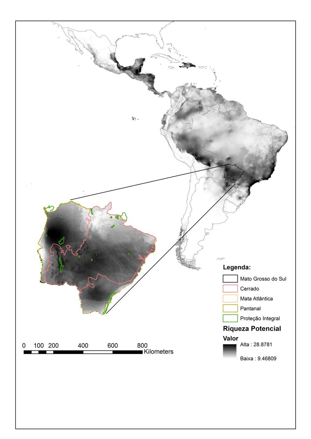 44 Figura 5: O mapa apresenta a soma de todos os modelos de distribuição potencial das espécies de morcegos que ocorrem em Mato Grosso