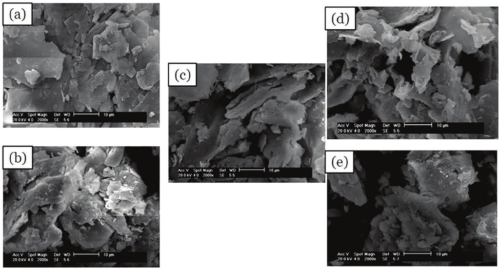 (a) 50 μm, (b) 20 μm, (c)10 μm e (d) 5μm. Figura 6 - Micrografia das amostras de vermiculita.