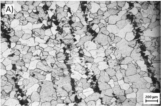 B Figura 1 - A) Micrografia do aço forjado recebido após recozimento. B) Micrografia do aço conformado por laminação contínua (tubo recebido).