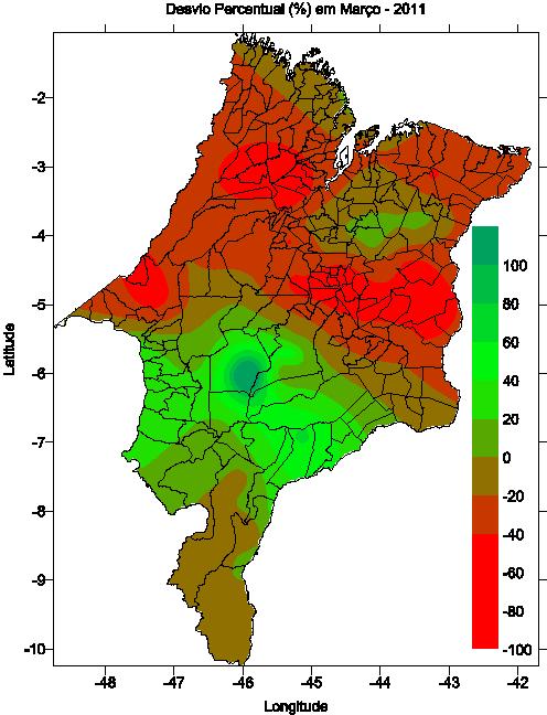 Os desvios percentuais mostram em porcentagens quanto às chuvas ficaram acima ou abaixo da média. Na Figura 3 podem-se observar esses desvios em todo o Estado do Maranhão em março de 2011.