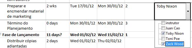 Gerenciando o Trabalho ao Adicionar ou Remover Recursos Na coluna Nome do Recurso, selecione Zack Wood para atribuí-lo a tarefa Zack é atribuido a tarefa cujo trabalho total é 160 horas 80 de Toby 80