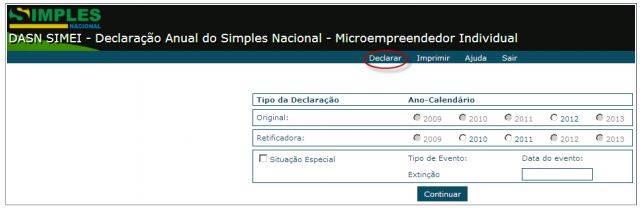 Nota Editorial O programa da DASN-SIMEI possibilita o preenchimento da Declaração pelas pessoas jurídicas optantes pelo SIMEI, para as seguintes situações: I - Declaração Original a) Normal b)