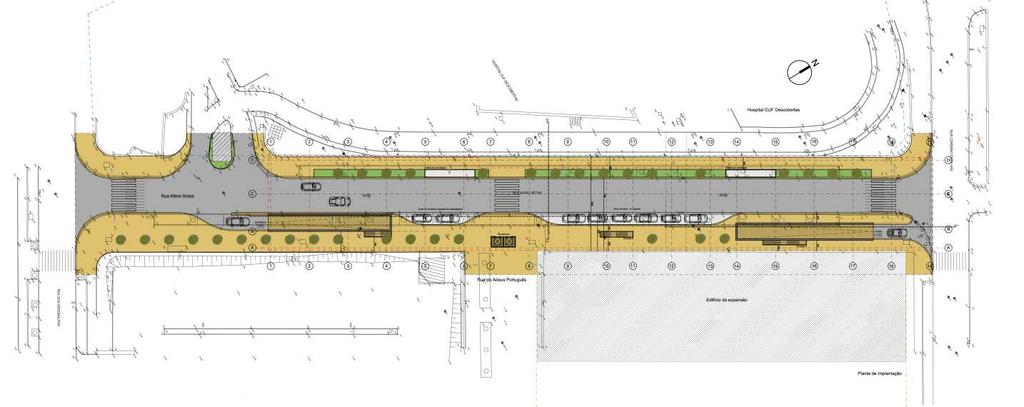 4 Arranjos Exteriores A nível de exteriores propõe-se uma reformulação dos passeios e um ligeiro estreitamento da via de circulação automóvel, porque apenas é de sentido único. Passará de 7.