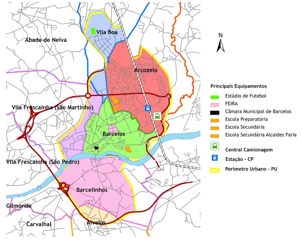 Figura 2 Área afectada pela nova politica de estacionamento para o centro da Cidade de Barcelos Durante a fase de diagnóstico realizou-se o levantamento da situação actual nível de oferta de lugares