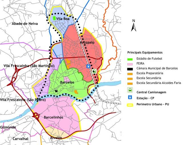 Figura 9 Definição da área coberta pelo sistema de transporte urbano de Barcelos (TUB) A freguesia de Barcelinhos, localizada a Sul do Rio Cávado, foi excluída da primeira fase do estudo devido à