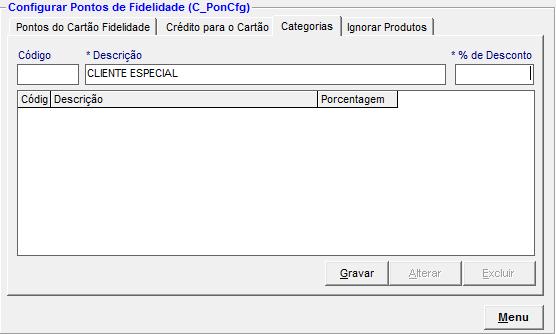 Categorias Deixe o campo 'Código' em branco para cadastrar uma