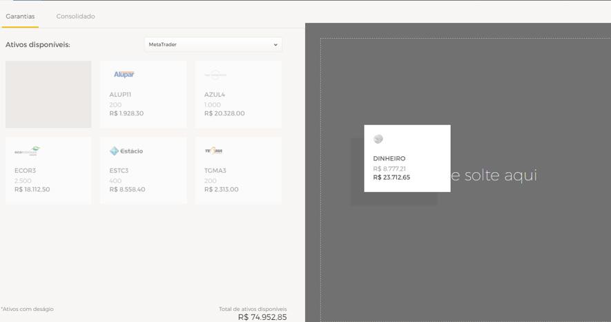 Ao clicar e arrastar o ativo, tanto para o lado de garantias, quanto para o lado de ativos disponíveis, é necessário informar quanto do valor