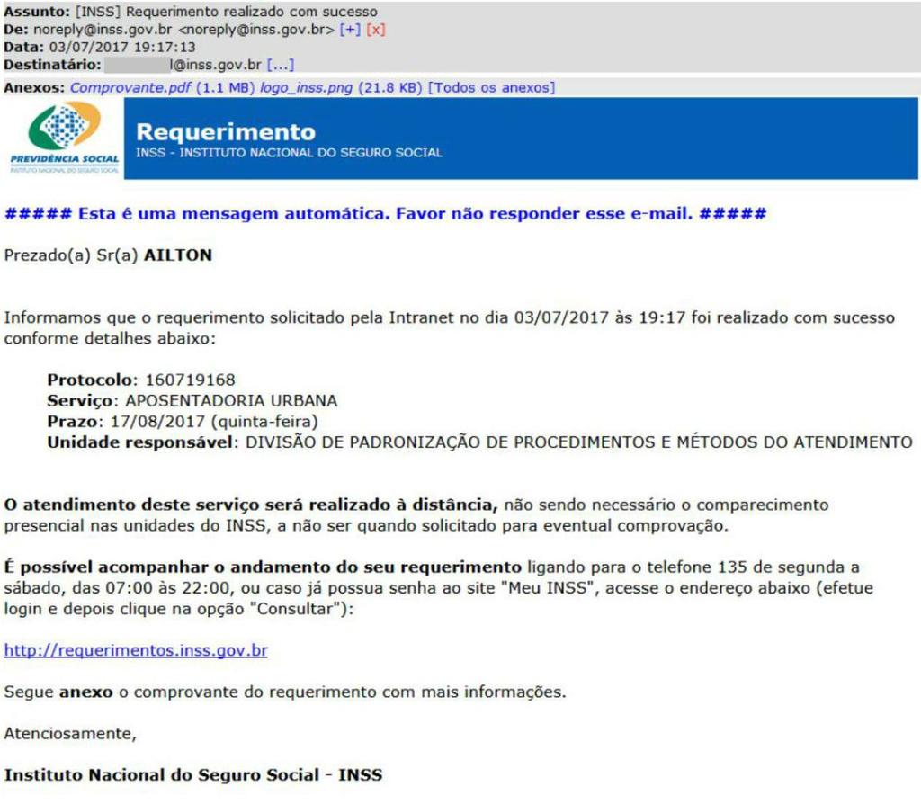 Atenção: O sistema enviará automaticamente e-mail indicando que houve o protocolo do requerimento.