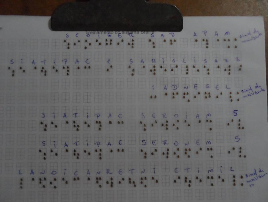 20266 Figura 3 Adaptação da escrita em Braille no papel vegetal (note que a escrita se dá da direita para a esquerda). Fonte: A autora.