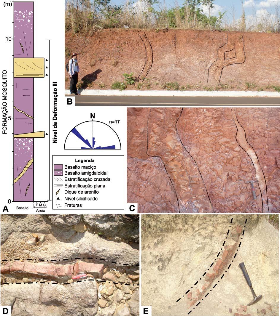 Figura 6.10 - Diques de arenito do nível de deformação III. (A) Perfil litoestratigráfico com as principais estruturas associadas aos basaltos da Formação Mosquito.